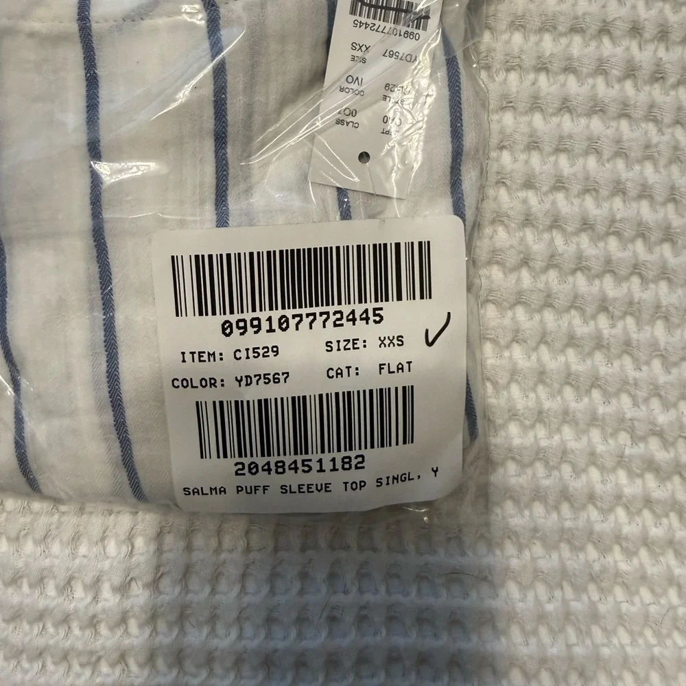 J. Crew Puff-sleeve Top In Sheer Gauze White and Blue Striped Blouse NWT XXS